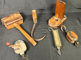 6pc Lot Antique & Vintage Of Tools - Mallet, Rat Trap, Hook, Scales, Pully