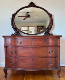 Vintage Mahogany Serpentine Bombe Commode Dresser On Casters With Mirror & Brass Hardware (Appraised For  $750