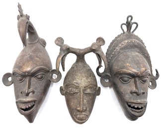 3 Vintage African Bronze Masks From Tikar, Camaroon