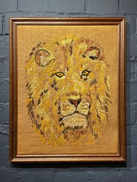 Large Mid Century Lion Crewel Yarn Embroidery