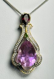 GORGEOUS SIGNED STS STERLING SILVER AMETHYST, GARNET AND EMERALD PENDANT NECKLACE