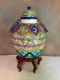 HUGE Talavera Style Hand Painted Ceramic Urn Vase With Stand #2