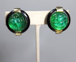 Signed Kenneth J Lane Green And Black Art Deco Style Earrings Ear Clips