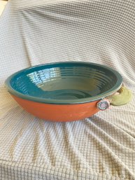 Lot 2 - Old Mill Pottery Hygiene, Colorado Terra Cotta Bowl Decorative Handles Teal Green Glaze 12x4