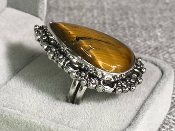 Beautiful Large 925 / Sterling Silver Cocktail Ring With Highly Polished Tiger Eye And Beautiful Silver Work