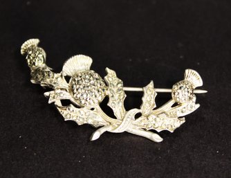 Vintage Sterling Silver Brooch Pin Of Thistles Having Marcasite Stones