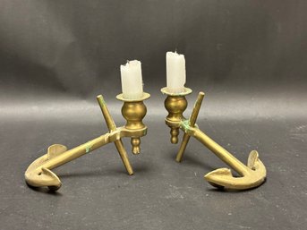 A Pair Of Nautical Vintage Brass Candlesticks: Anchors