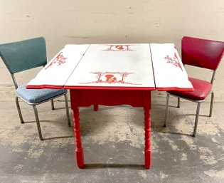 White & Red Porcelain/ Enamel Top Kitchen Table With Two Spring Loaded Leaves & Drawer - Two Dining Chairs