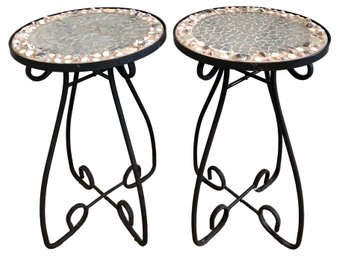 A Pair Of Pique Assiette Mosaic Top Side Tables With Wrought Iron Bases