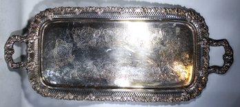 Fantastic Elongated Bar Silver Plated Handled Tray W Vintage Grape Latticed Trim 26' Long