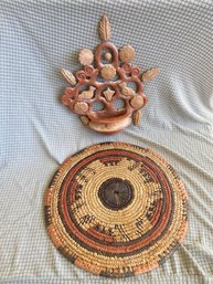 Mexican Folk Art Pottery Tree Of Life Wall Hanging 11x9 And Native American Woven Coiled Placemat 12in