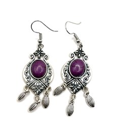 Southwestern Style Silver Color And Purple Dangle Earrings