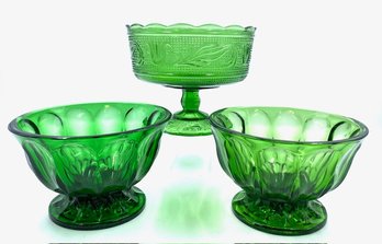 Vintage Trio Of Green Glass Bowls