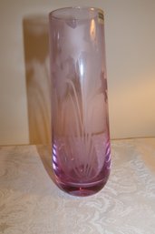-Lavender Glass Vase With Etched Daffodils:  9 Tall X 2.5 Diam