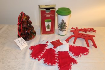 Spode Christmas Tree Travel Mug,  Glass Christmas Tree, Crate & Barrel Flatware Mittens