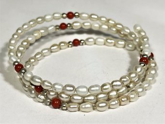 Freshwater Pearl And Coral Wrap-around Bracelet