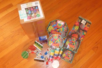 -Lot Of New Years Dcor Including Paper Napkins, Plates, Tablecloth And Box Of 25 Hats And Noisemakers