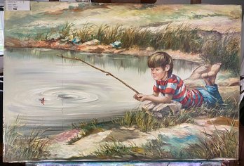 Oil On Canvas Of Boy Fishing Signed J. March Lower Left