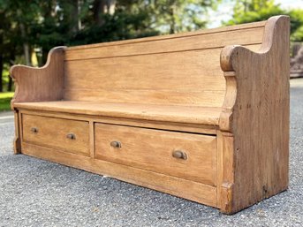 A Unusual And Large 19th Century Pine Settle - With Storage Drawers!