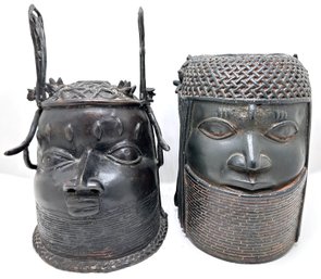 Vintage African Ceramic Queen Mother & Bronze Oba King Heads From Benin