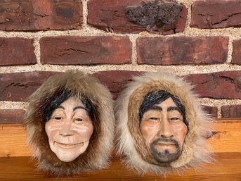 Alaskan Native Inuit 2 Dimensional Bust Pair With Natural Fur Hoods