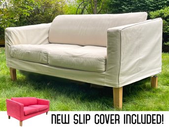 A Slip Covered Love Seat W/ Two Sets Covers (Both Complete, One Brand New!