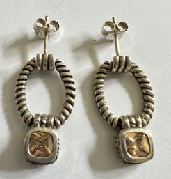 SIGNED Cl STERLING SILVER CITRINE DANGLE EARRINGS