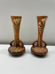 Pair Of Roseville Pottery Freesia Brown Floral Bud Vases