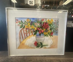 1995 Original Watercolor Vase On A Dinning Table With Multicolor Flowers Signed By The Artist Framed. DC/WA-B