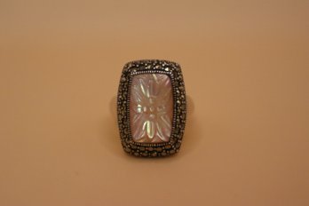 925 Sterling Silver With Marcasites And Carved Mother Of Pearl Ring Size 8