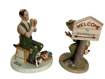 Duo Of Norman Rockwell Porcelain Figurines 'Man Threading A Needle' & 'Speed Trap'