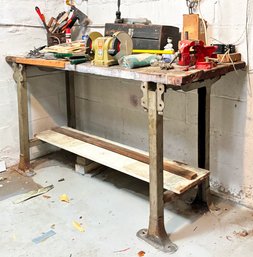 A Vintage Workbench, Bench Grinder, Vise Grip And Lots Of Hand Tools!