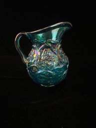 Fenton Art Glass Teal Marigold Carnival Waterlily Pitcher