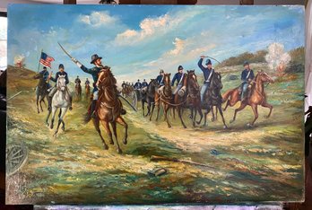 Oil On Canvas Of Battlefield Signed Lower Left