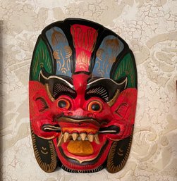 Vintage Carved Wooden Polychrome Paint Decorated Mask