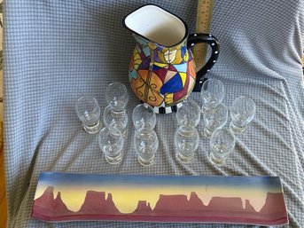 Southwest Landscape Ceramic Olive Tray 18in, Studio Designworks Abstract Pitcher 9.5in, 12 Shot Glasses