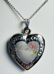 VINTAGE STERLING SILVER 'MOM' HEART LOCKET ETCHED WITH A ROSE NECKLACE