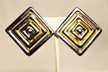 Large 1980s Silver Tone Geometric Ear Clips Signed