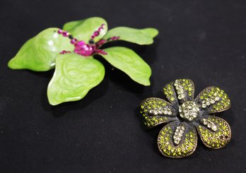 Two Rhinestone 1980s Costume Brooches Of Flowers Each Missing A Stone Or Two.