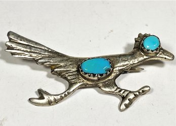 Native American Southwestern Sterling Silver Turquoise Roadrunner Bird Brooch