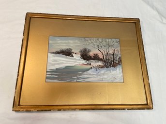 Vintage Original Pastel Painting Unsigned Winter Scene 21x16 Gold Mat Framed