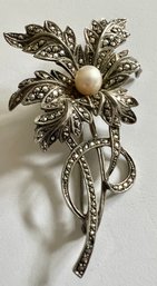 GORGEOUS STERLING SILVER MARCASITE PEARL FLOWER BROOCH - GERMANY