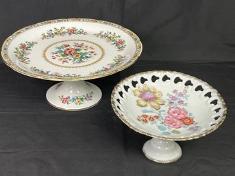 2PC Lot Footed Cake Stands - Coalport Ming Rose And Royal Crown Bone Chine