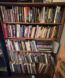 FIVE SHELF PINE BOOKCASE W/ BOOKS ON ART AND MORE