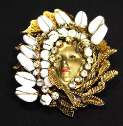 Signed Artisan Gold Tone Shell Brooch Having Cameo Of Woman