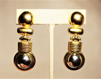 1980s Art Deco Revival Chrome And Gold Tone Earrings Ear Clips