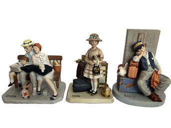 Trio Of Norman Rockwell Porcelain Figurines 'home From Vacation', 'Vacation's Over' & 'Asleep On The Job'