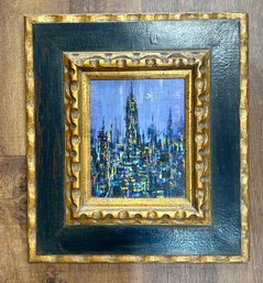 Oil On Board Abstract City Scape With Unique Frame