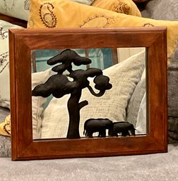 Rare Metal Elephants Under A Tree Mirror With Wooden Frame