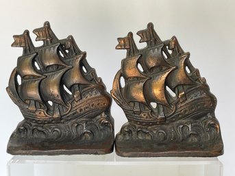 Vintage Pair Of Cast Iron/copper Finish Galleon Ships Bookends- Felt Bottoms- Maker Unknown